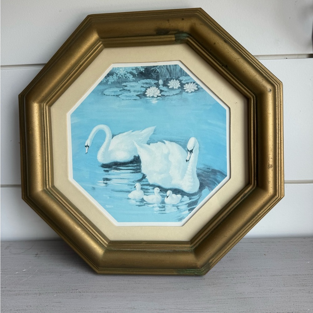 Homco Gold Framed Swan Family Print with Blue Water